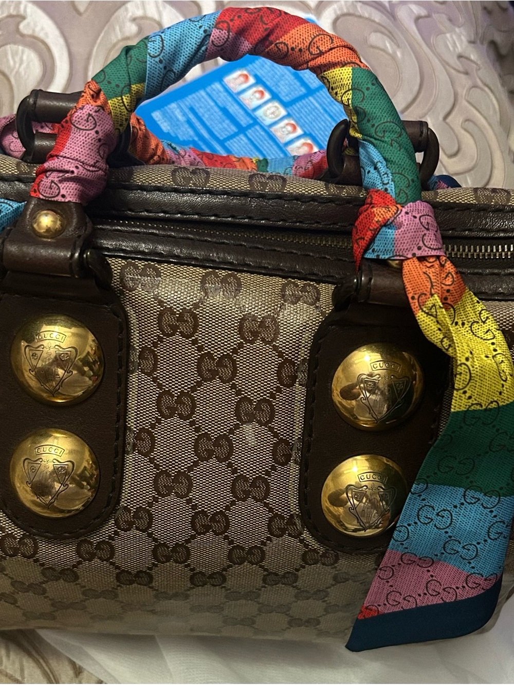 Gucci Brown GG Canvas Satchel with Rainbow Scarf-Wrap